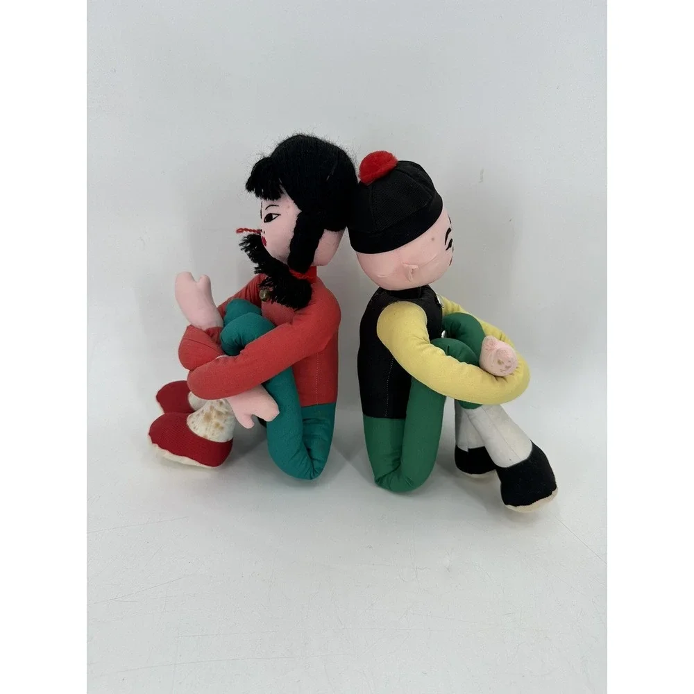 VTG Pair of Sitter Kneeler Dolls Chinese Hong Kong Cloth Girl And Boy Long Limbs